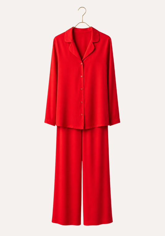 Satin Pajamas: Collar Button Long Sleeve Top And Pants (100% Viscose)
