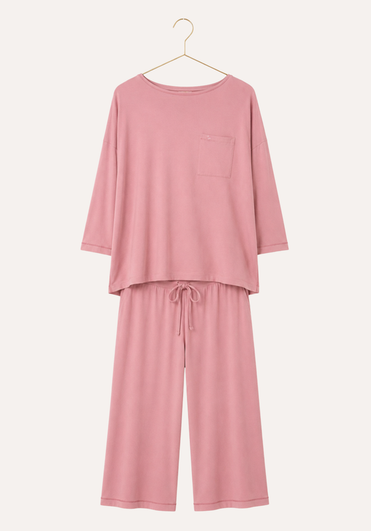 Pajamas: Plain Semi Long Sleeve Top And Wide Cut Bermuda (Viscose Lycra)