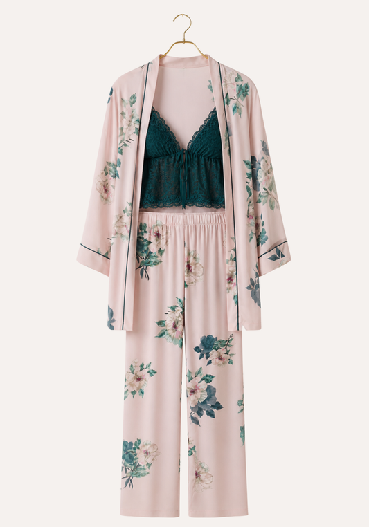 3 Pieces Set: Short Robe And Long Pants (100% Viscose) And Tank Top (Lace)