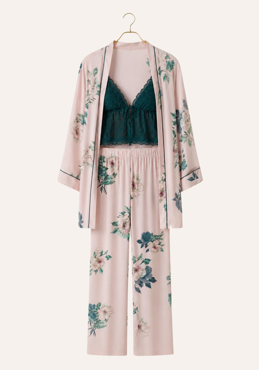 3 Pieces Set: Short Robe And Long Pants (100% Viscose) And Tank Top (Lace)