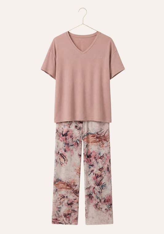 Plain Short Sleeve Top And Floral-Print Pants