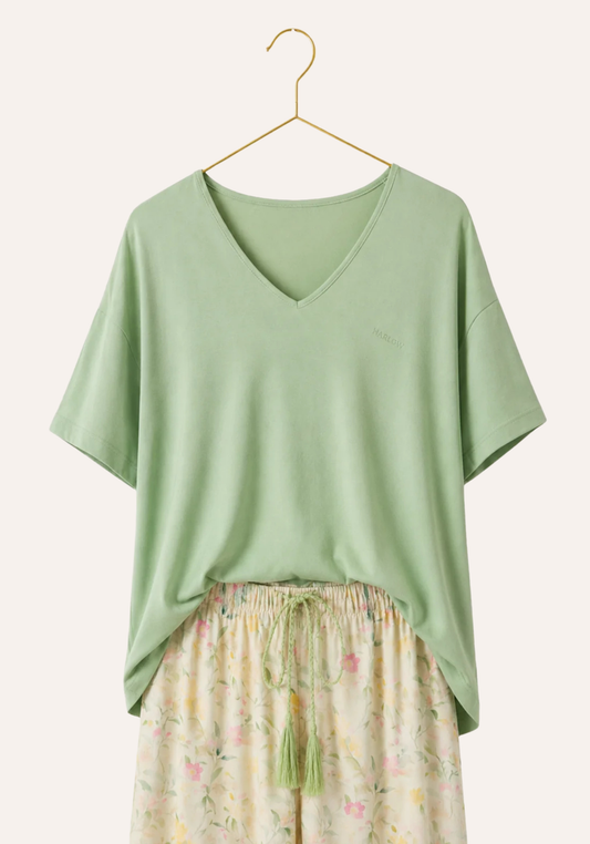 Plain Short Sleeve Top And Floral-Print Pants
