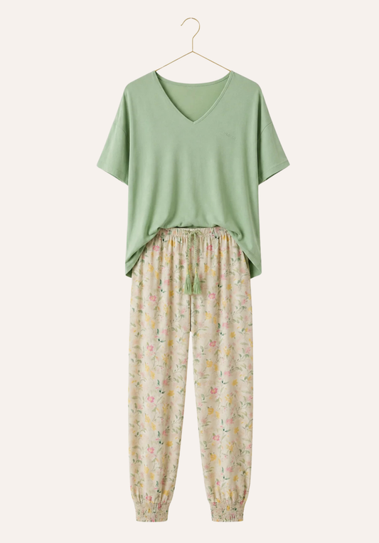 Plain Short Sleeve Top And Floral-Print Pants
