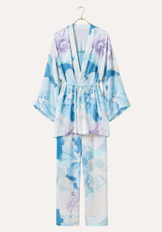 3 Pieces Set: Short Robe And Long Pants (100% Viscose) And Tank Top (Viscose Lycra)