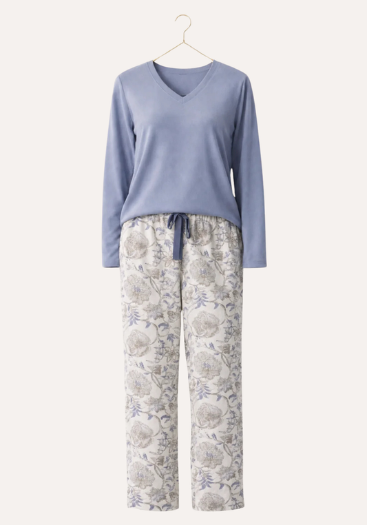 Long Sleeve Pajamas (Plain Top Pes Vis Els, Printed Pants Vis Pes)