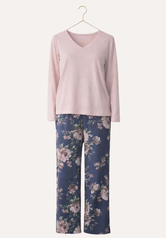 Long Sleeve Pajamas (Plain Top Pes Vis Els, Printed Pants Vis Pes)