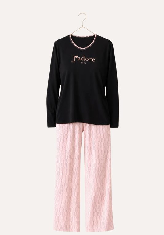 Long Sleeve Pajamas: Plain Top And Dotted Pants (Pvis Els)