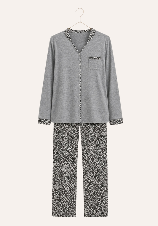Button Long Sleeve Pajamas: Plain Top Leopard Print Pants (Vis Els)