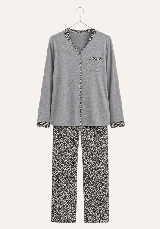 Button Long Sleeve Pajamas: Plain Top Leopard Print Pants (Vis Els)