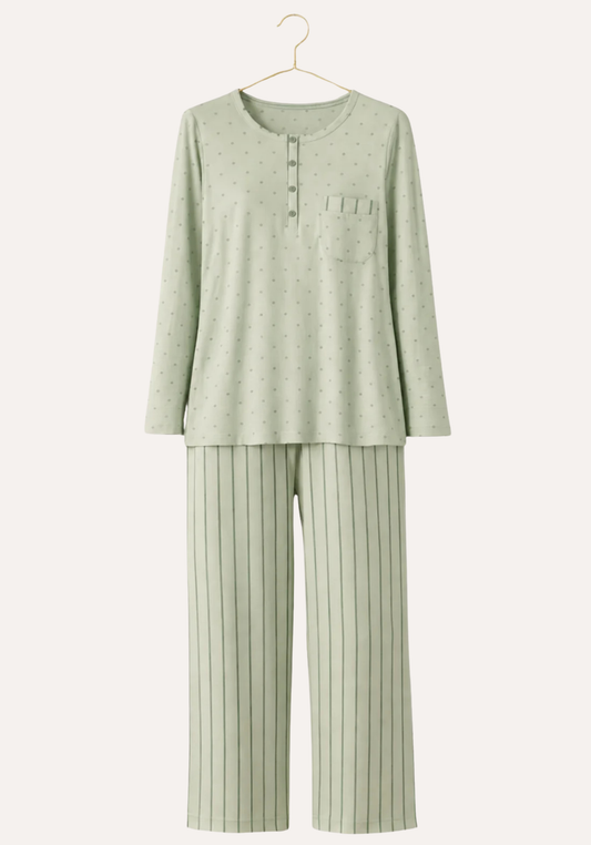 Neck Button Long Sleeve Pajamas: Dotted Top And Striped Pants (Vis Pes Els)