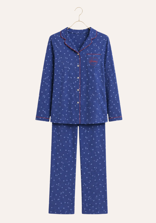 Collar Button Long Sleeve Dotted Pajamas (100% Cotton)