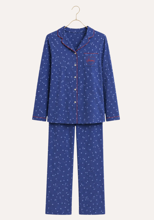 Collar Button Long Sleeve Dotted Pajamas (100% Cotton)