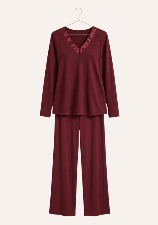 Satin V-Neck Long Sleeve Pajamas (Vis Pes Els)