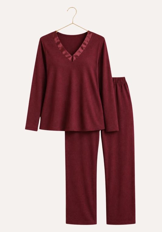 Satin V-Neck Long Sleeve Pajamas (Vis Pes Els)