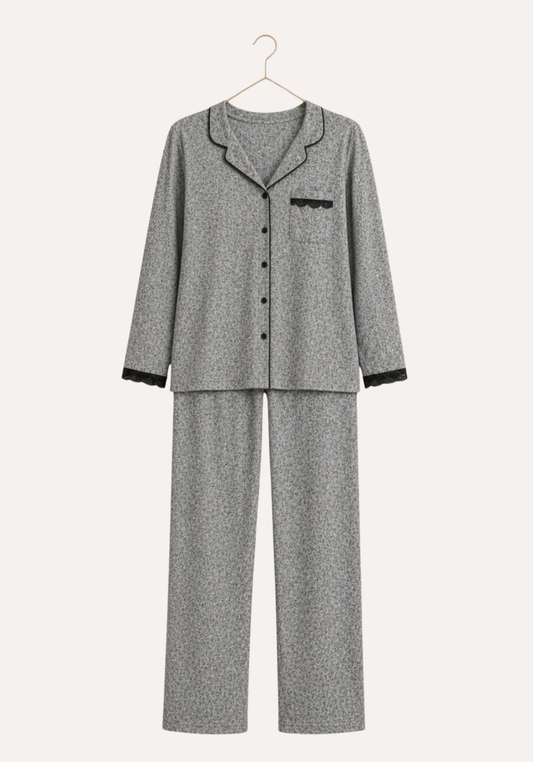 Button Long Sleeve Pajamas With Lace Detail Pocket (Vis Pes Els)