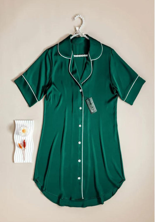 Satin Nighty: Collar Button Short Sleeve Nighty