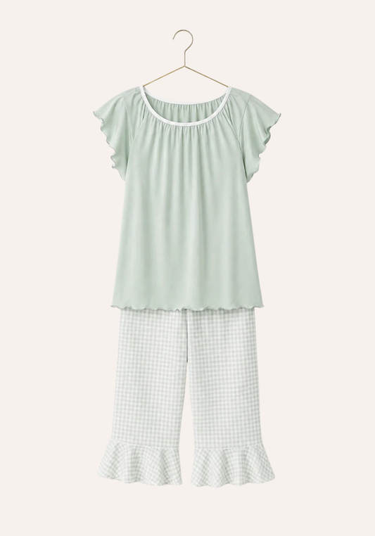 Plain Mega Sleeve Gingham Top And Chequered Capri Set