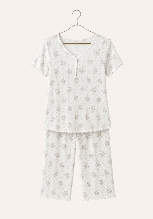 Flower-Print Pointelle Short Sleeve Half Buttoned Top And Capri Set