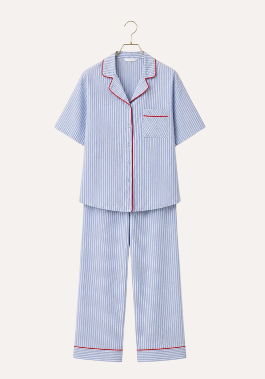 Cotton (100%) Woven Collar Button Short Sleeve Striped Pajamas