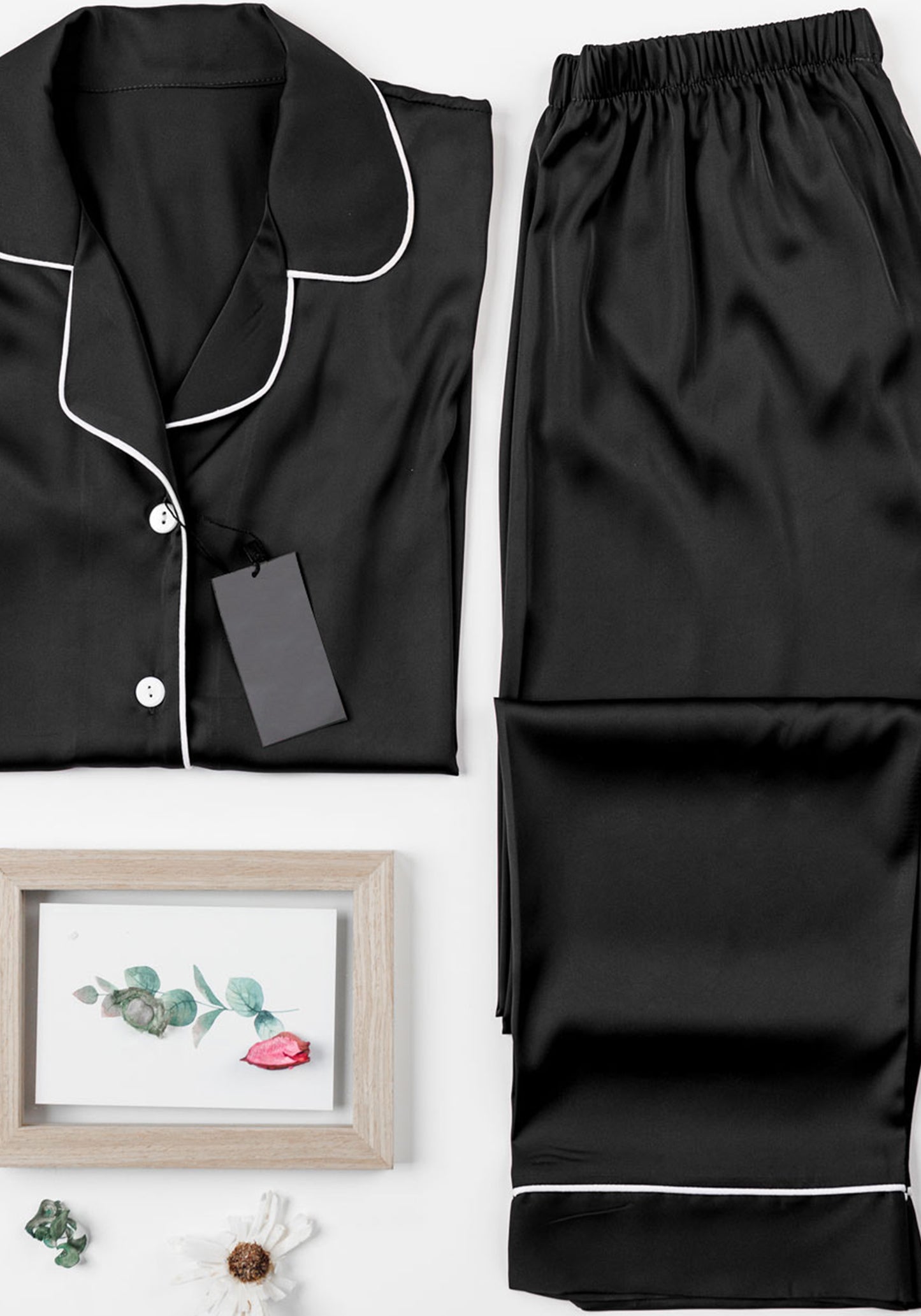 Satin Pajama: Collar Button Long Sleeve Top And Pant