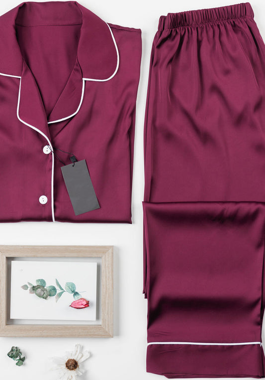 Satin Pajama: Collar Button Long Sleeve Top And Pant