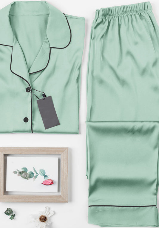 Satin Pajama: Collar Button Long Sleeve Top And Pant