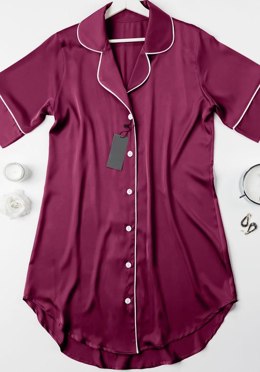 Satin Nighty: Collar Button Short Sleeve Nighty