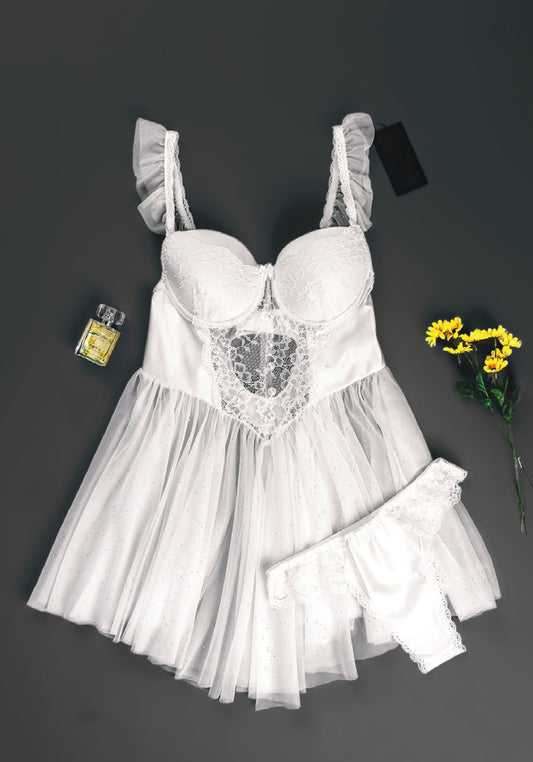 Bridal Babydoll: Ruffle Strap Dantel Padded Cup Bustier Schiffon Babydoll With Satin Lace Panty