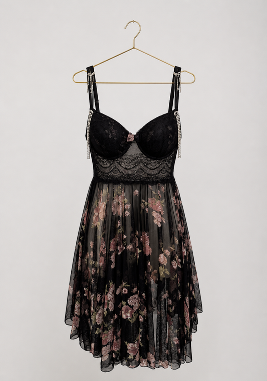 Schiffon Printed Babydoll Padded Lace Cups