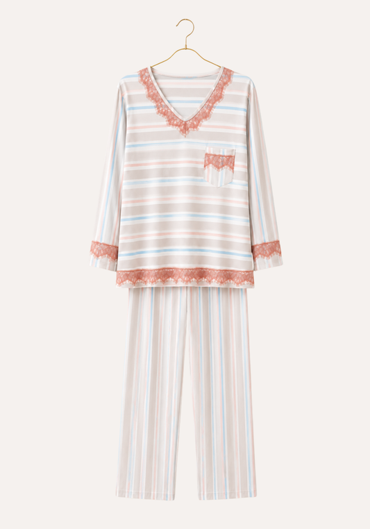 Soft Striped Pajamas: Long Sleeve V-Neck Top With Lace Detail And Long Pants