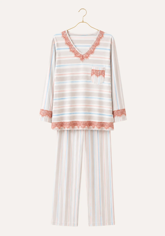 Soft Striped Pajamas: Long Sleeve V-Neck Top With Lace Detail And Long Pants