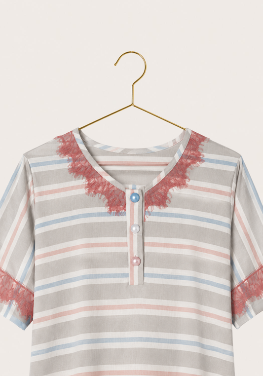 Soft Striped Short Nighty: Lace Button Collar Short Sleeve Short Nighty With Lace Detail