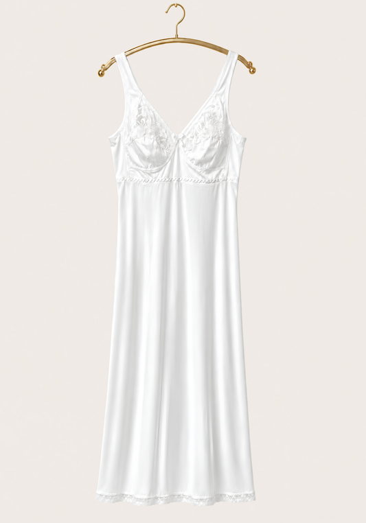 Long Slip: Wide Shoulder Strap Half Lace Unpadded Cup Long Under Slip