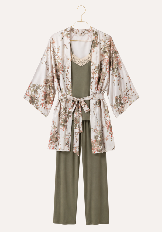 3 Pieces Set: Viscose Lycra Shoulder Strap Plain Pajamas And Satin Printed Robe