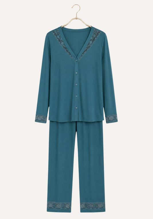 Pajamas: Viscose Lycra V-Neck Button Long Sleeve Top With Lace Detail And Pants