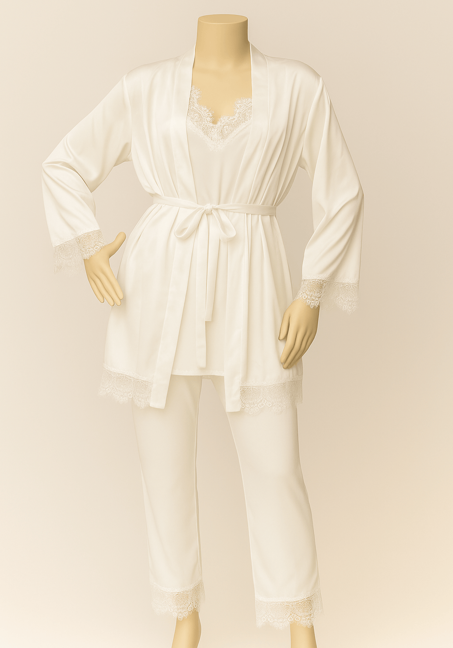 Bridal Satin 3 Pieces Set: Lace Detailed Strap Top And Pant And Kimono