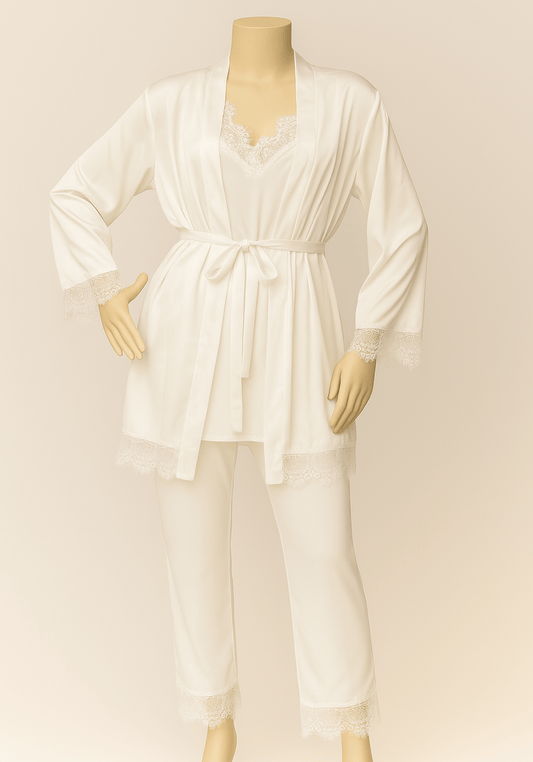 Bridal Satin 3 Pieces Set: Lace Detailed Strap Top And Pant And Kimono