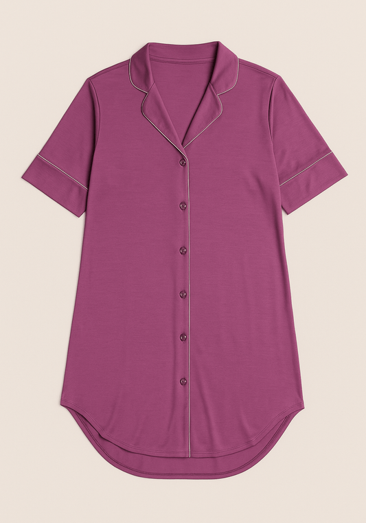 Modal Nighty: Collar Button Long Sleeves Short Nighty