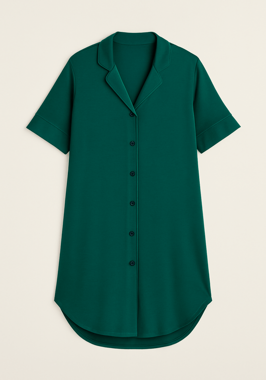 Modal Nighty: Collar Button Long Sleeves Short Nighty