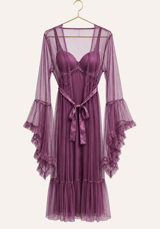 Lingerie Long Robe Set: Satin Padded Underwire Cup Long Nighty And Schiffon Long Robe With Ruffles On The Sleeves
