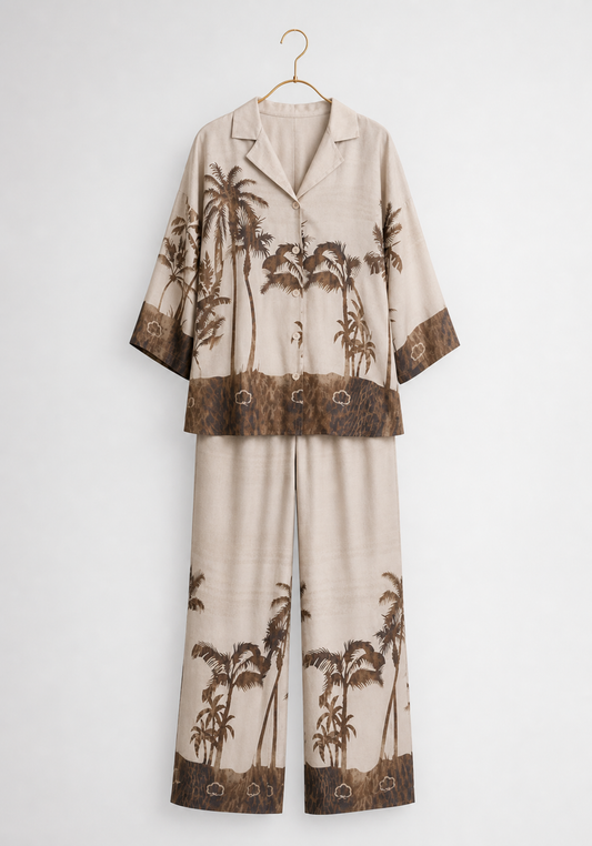 Lounge Set: Fully Printed Collar Button Long Sleeve Top And Wide Cut Pants (100% Viscose)