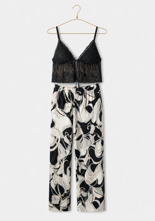 3 Pieces Set: Short Robe And Long Pants (100% Viscose) And Tank Top (Lace Lycra)