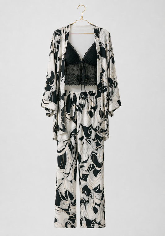 3 Pieces Set: Short Robe And Long Pants (100% Viscose) And Tank Top (Lace Lycra)