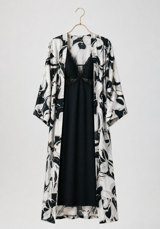 Robe Set: Shoulder Strap Long Nighty With Lace Details (Viscose Lycra) And Long Robe (100% Viscose)