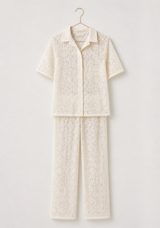 Pajamas: Full Dantel Collar Button Long Sleeve Top And Pants (100% Premium Cotton)