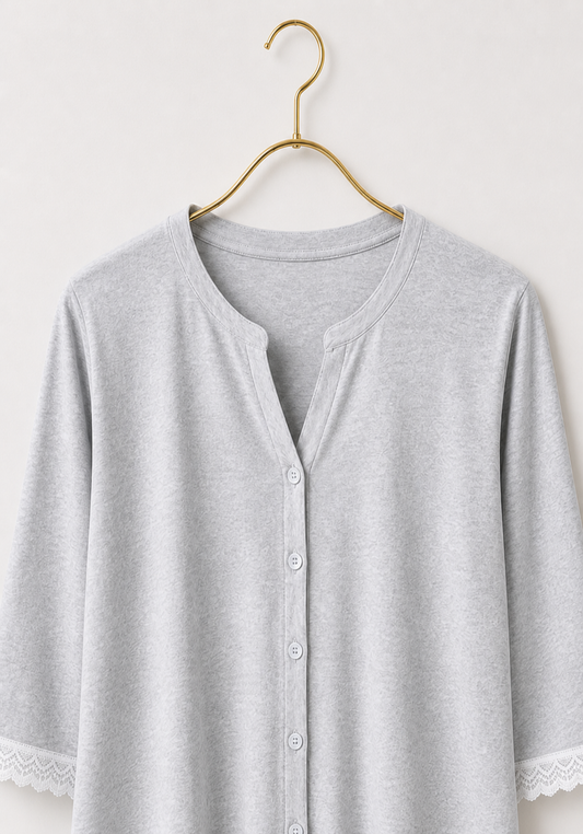Maternal Pajamas: Plain Button Top With Lace Detail And Pants (100% Premium Cotton)