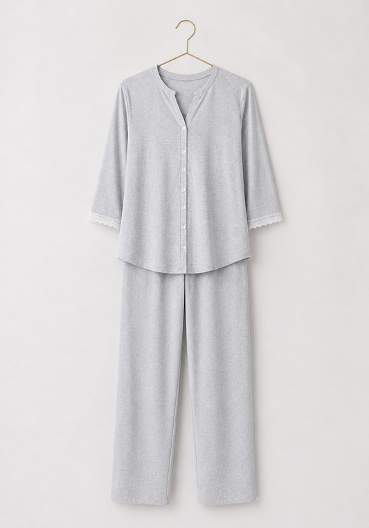 Maternal Pajamas: Plain Button Top With Lace Detail And Pants (100% Premium Cotton)