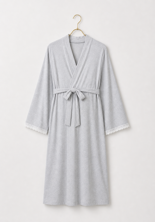 Maternal Robe: Plain Long Sleeve Robe With Lace Detail (100% Premium Cotton)