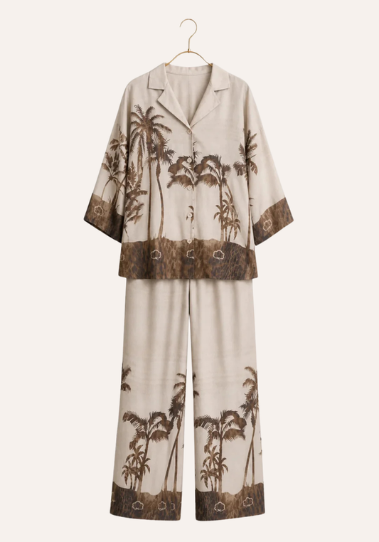 Lounge Set: Fully Printed Collar Button Long Sleeve Top And Wide Cut Pants (100% Viscose)