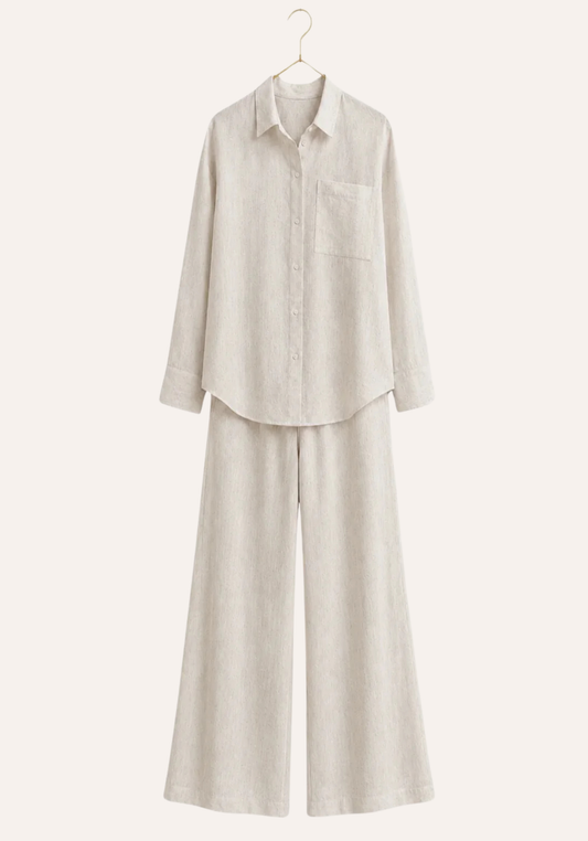 Lounge Set: Collar Button Long Sleeve Top And Wide Cut Pants (70% Linen 30% Viscose)
